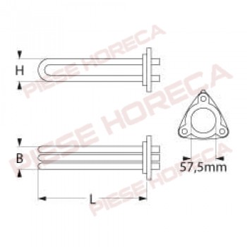 Rezistenta marmita, masina de spalat vase,  9000W, 230V, montare pe Ø 57,5mm, 3 circuite, L -440mm, l- 42mm, h- 38mm, dim. teaca termostat  Ø7,5x290mm, distanta intre gaurile de montare ale flansei-73mm, conectori electrici cu suruburi M5